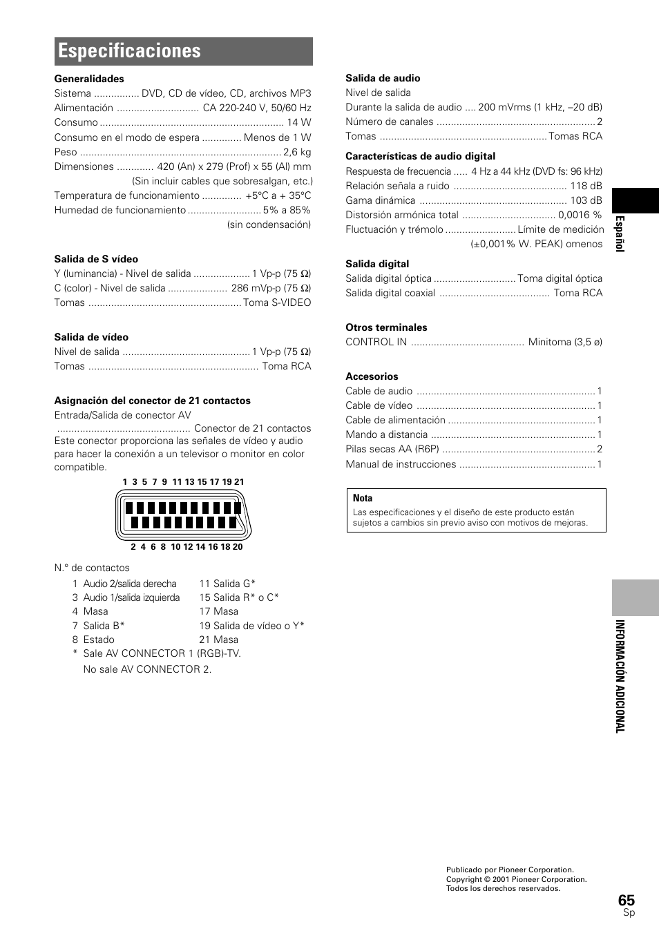 Especificaciones | Pioneer DV-545 User Manual | Page 67 / 132