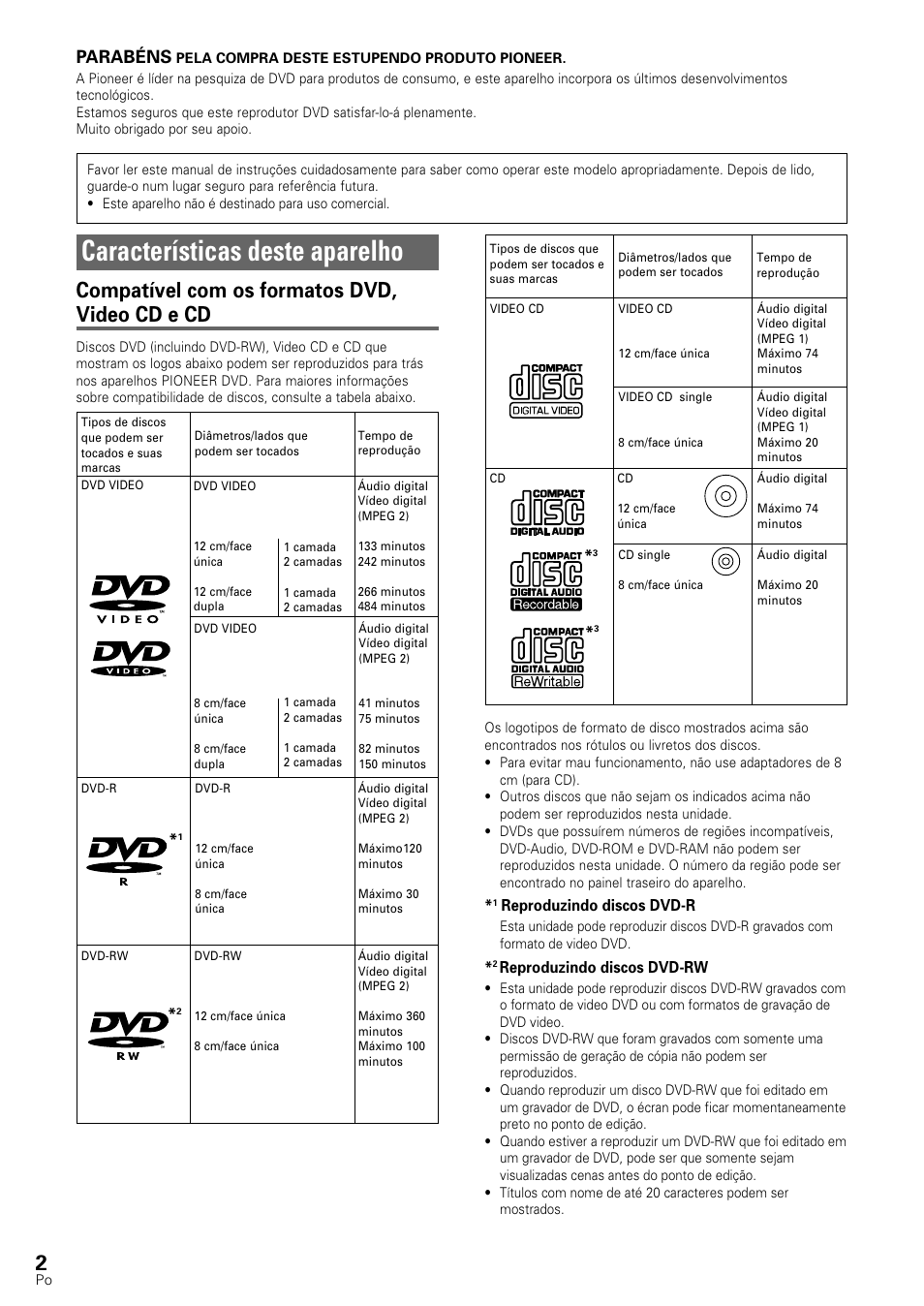 Características deste aparelho, Compatível com os formatos dvd, video cd e cd, Parabéns | Pioneer DV-545 User Manual | Page 68 / 132