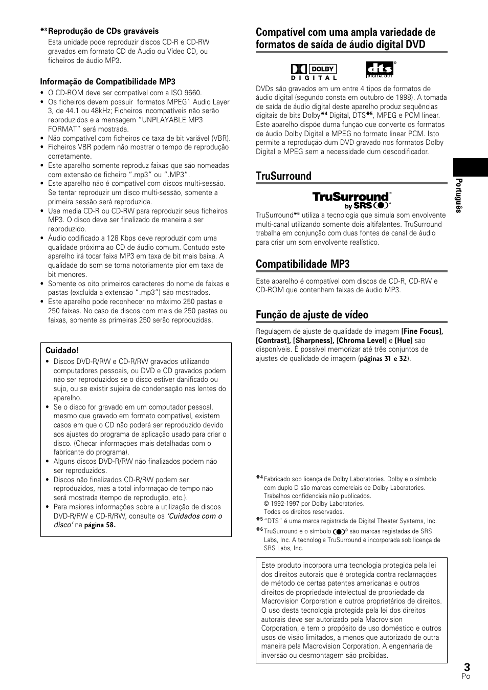 Trusurround, Compatibilidade mp3, Função de ajuste de vídeo | Pioneer DV-545 User Manual | Page 69 / 132