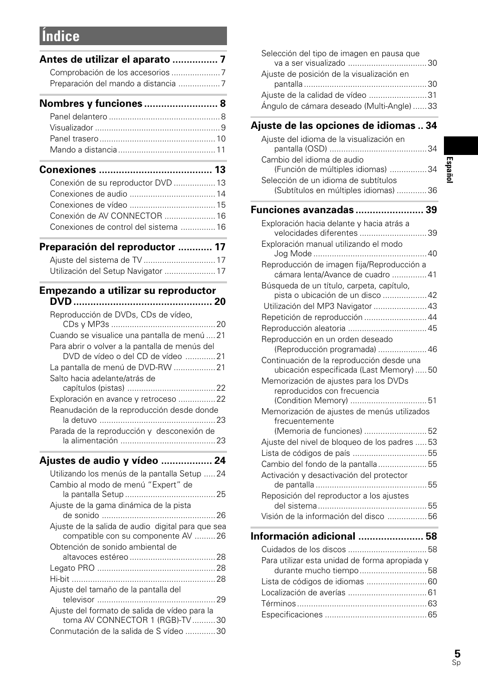 Índice | Pioneer DV-545 User Manual | Page 7 / 132