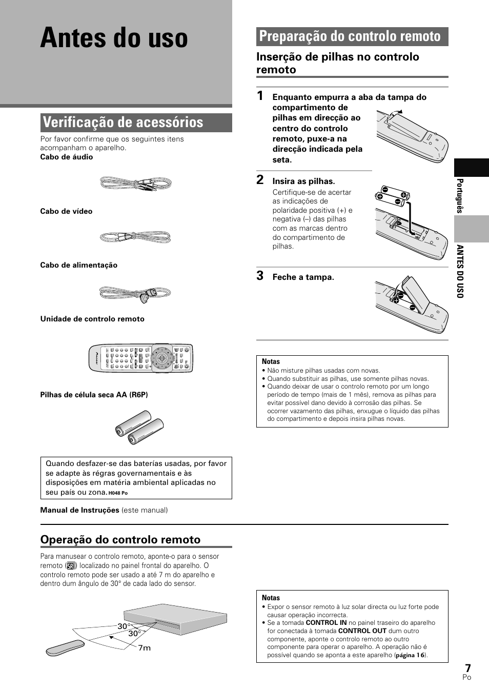 Antes do uso, Verificação de acessórios, Preparação do controlo remoto | Inserção de pilhas no controlo remoto, Operação do controlo remoto, Portugu ê s, Insira as pilhas, Feche a tampa | Pioneer DV-545 User Manual | Page 73 / 132