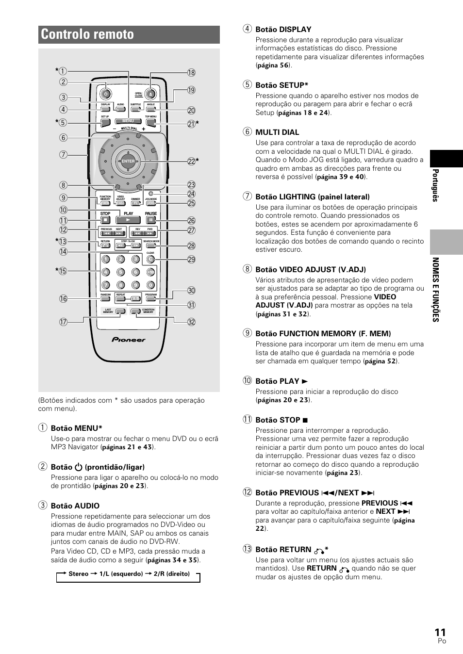 Controlo remoto, Portugu ê s, Nomes e fun çõ es | Pioneer DV-545 User Manual | Page 77 / 132