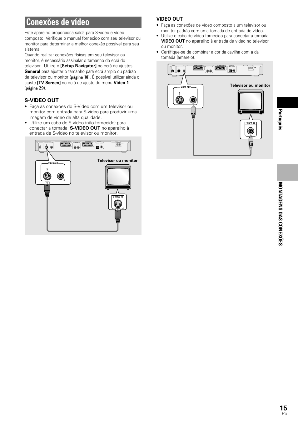 Conexões de vídeo, Portugu ê s, S-video out | Video out, Mont agens das conex õ es, Televisor ou monitor | Pioneer DV-545 User Manual | Page 81 / 132