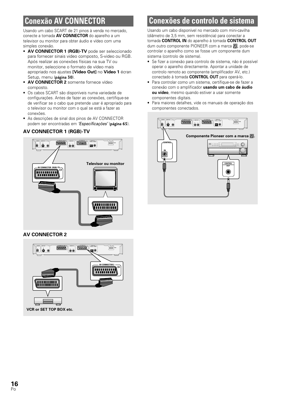 Conexões de controlo de sistema, Conexão av connector, Av connector 2 | Av connector 1 (rgb)-tv, Especificações, Página 65 ), Componente pioneer com a marca î, Televisor ou monitor, Vcr or set top box etc | Pioneer DV-545 User Manual | Page 82 / 132