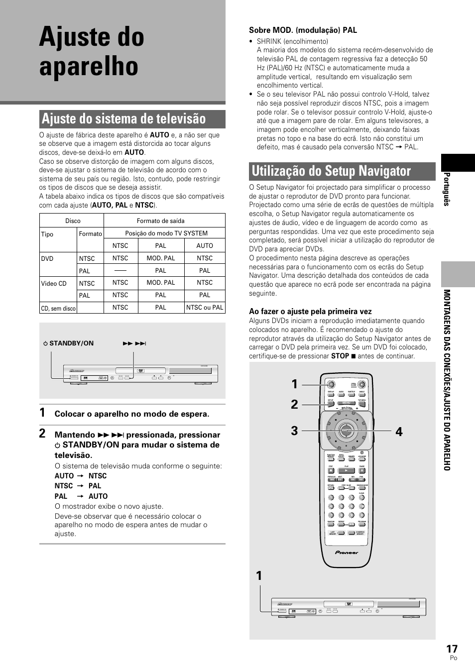 Ajuste do aparelho, Utilização do setup navigator, Ajuste do sistema de televisão | Portugu ê s, Ao fazer o ajuste pela primeira vez, Colocar o aparelho no modo de espera, Sobre mod. (modulação) pal, Mont agens das conex õ es/ajuste do ap arelho | Pioneer DV-545 User Manual | Page 83 / 132