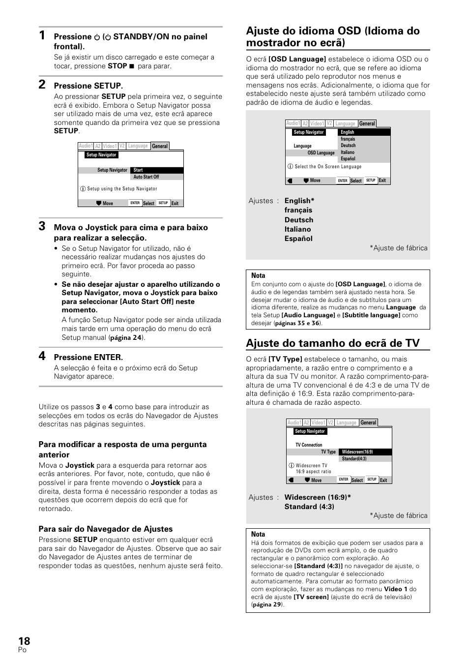 Ajuste do idioma osd (idioma do mostrador no ecrã), Ajuste do tamanho do ecrã de tv | Pioneer DV-545 User Manual | Page 84 / 132