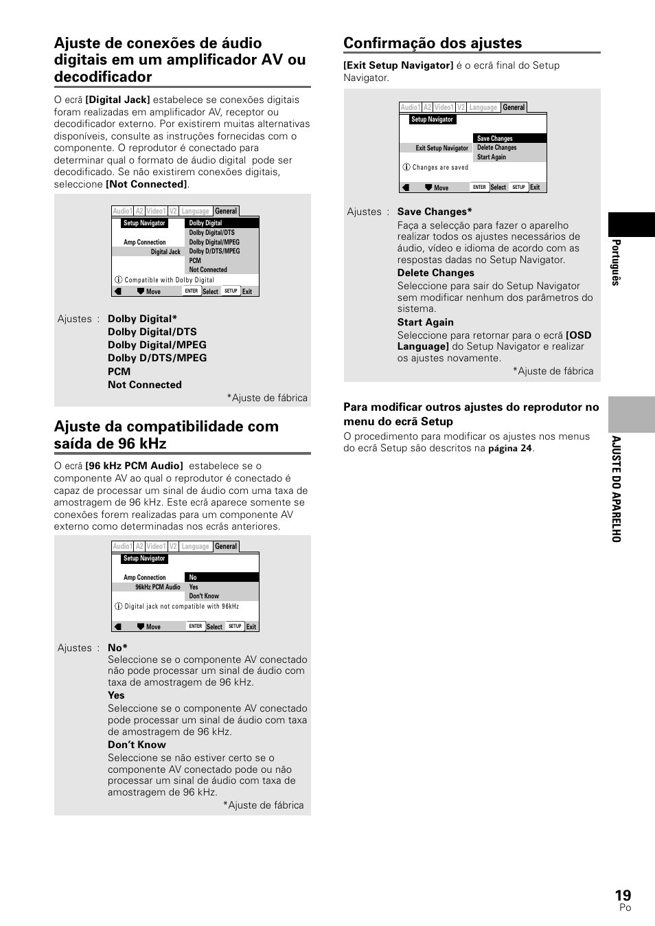 Confirmação dos ajustes, Ajuste da compatibilidade com saída de 96 khz, Portugu ê s | Ajuste do ap arelho | Pioneer DV-545 User Manual | Page 85 / 132