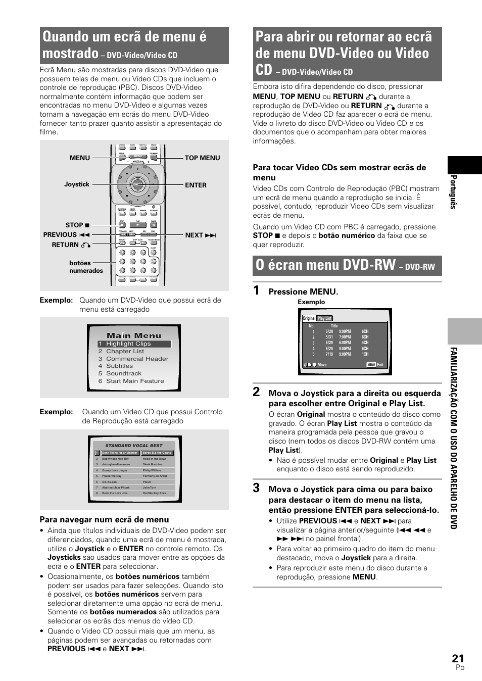 Quando um ecrã de menu é mostrado, O écran menu dvd-rw, Portugu ê s | Familiariza çã o com o uso do ap arelho de dvd, Dvd-video/video cd, Para tocar video cds sem mostrar ecrãs de menu, Dvd-rw, Pressione menu, Para navegar num ecrã de menu | Pioneer DV-545 User Manual | Page 87 / 132