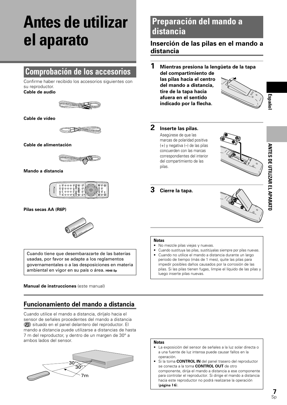 Antes de utilizar el aparato, Comprobación de los accesorios, Preparación del mando a distancia | Funcionamiento del mando a distancia, Inserción de las pilas en el mando a distancia, Espa ñ ol, Inserte las pilas, Cierre la tapa, Antes de utilizar el ap ara to | Pioneer DV-545 User Manual | Page 9 / 132