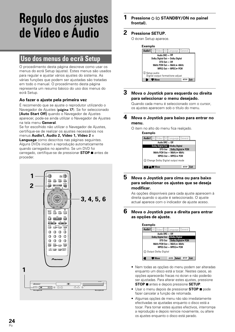 Regulo dos ajustes de vídeo e áudio, Uso dos menus do ecrã setup, Pressione ( standby/on no painel frontal) | Pressione setup, Mova o joystick para baixo para entrar no menu, Ao fazer o ajuste pela primeira vez, O écran setup aparece, O item no alto do menu fica realçado | Pioneer DV-545 User Manual | Page 90 / 132