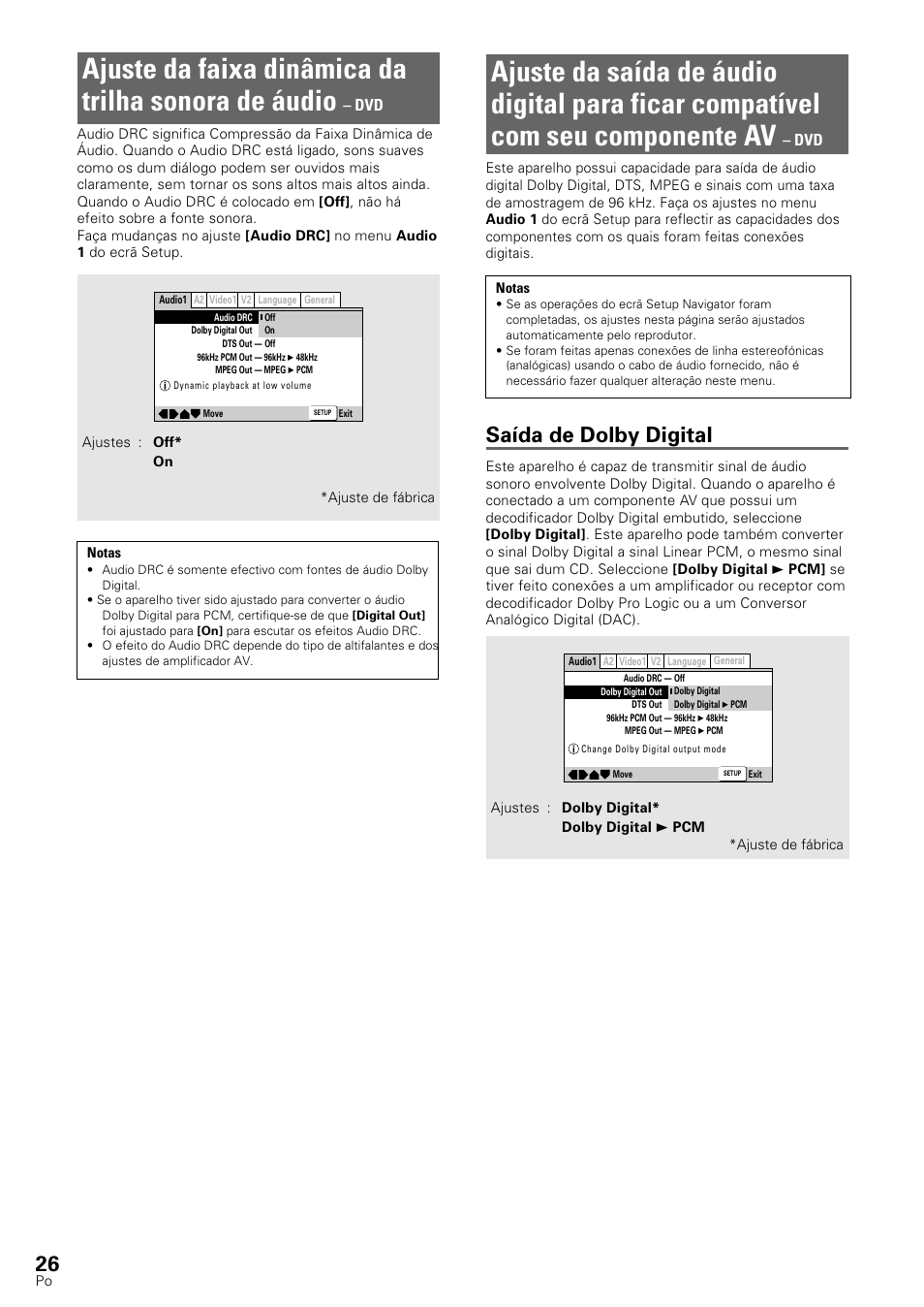 Ajuste da faixa dinâmica da trilha sonora de áudio, Saída de dolby digital | Pioneer DV-545 User Manual | Page 92 / 132