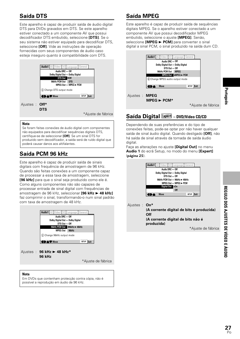 Saída mpeg, Saída digital, Saída dts | Saída pcm 96 khz, Regulo dos ajustes de v ídeo e á udio portugu ê s, Dvd/video cd/cd | Pioneer DV-545 User Manual | Page 93 / 132