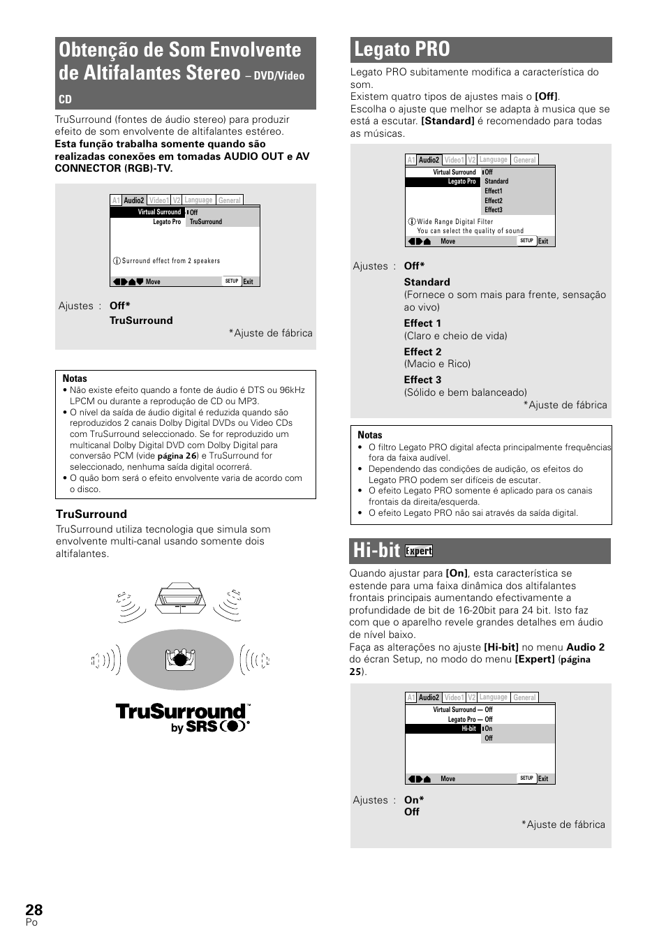 Obtenção de som envolvente de altifalantes stereo, Legato pro, Hi-bit | Dvd/video cd, Trusurround | Pioneer DV-545 User Manual | Page 94 / 132
