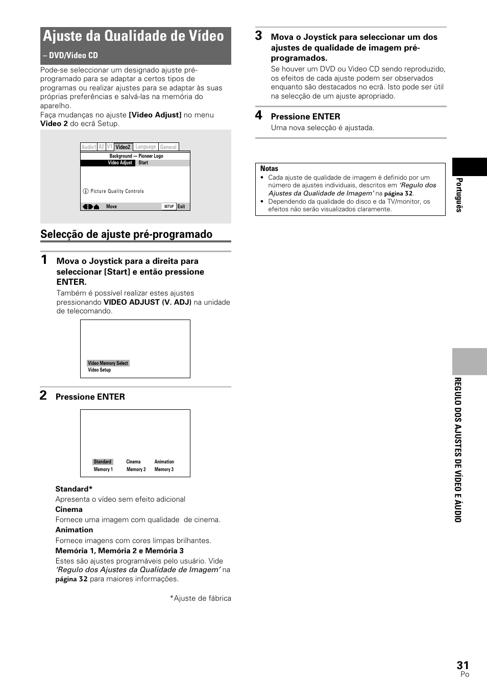 Ajuste da qualidade de vídeo, Selecção de ajuste pré-programado | Pioneer DV-545 User Manual | Page 97 / 132