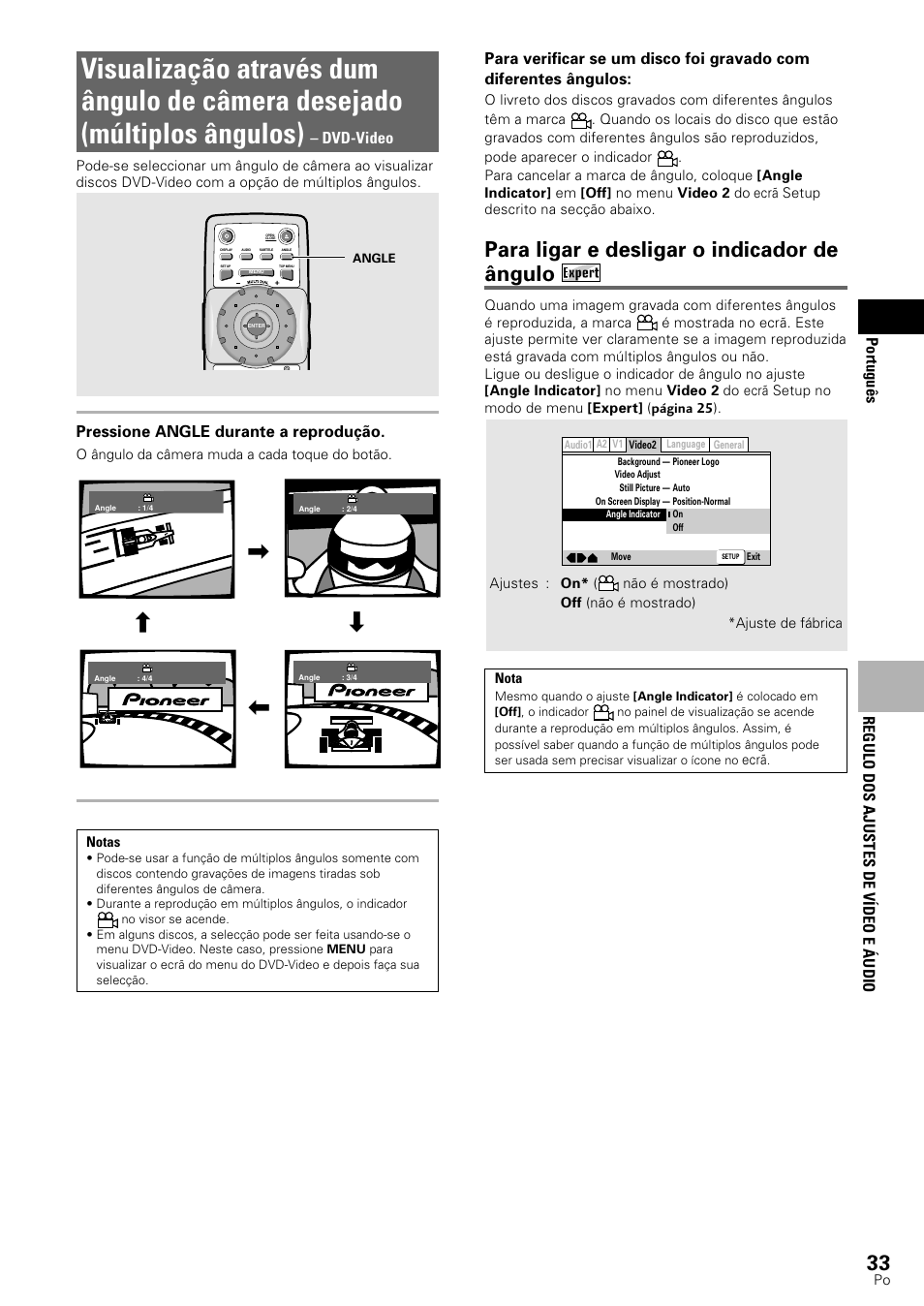 Para ligar e desligar o indicador de ângulo, Regulo dos ajustes de v ídeo e á udio portugu ê s, Dvd-video | Pressione angle durante a reprodução | Pioneer DV-545 User Manual | Page 99 / 132