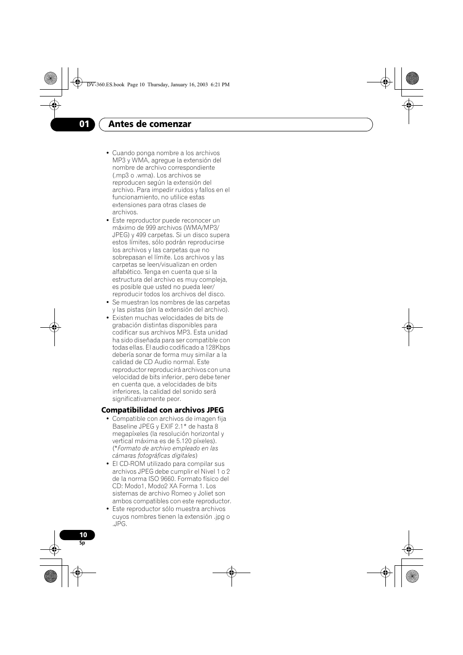 Compatibilidad con archivos jpeg, Antes de comenzar 01 | Pioneer DV-360-S User Manual | Page 10 / 128