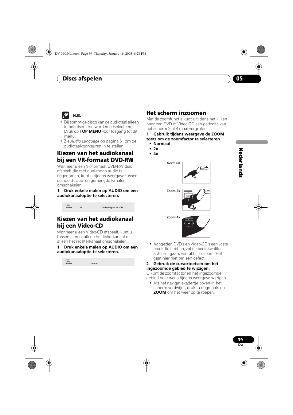 Kiezen van het audiokanaal bij een video-cd, Het scherm inzoomen, Discs afspelen 05 | Pioneer DV-360-S User Manual | Page 101 / 128