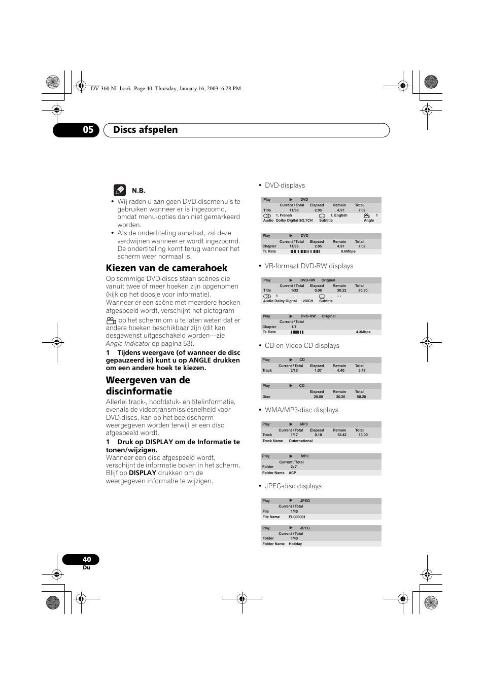 Kiezen van de camerahoek, Weergeven van de discinformatie, Discs afspelen 05 | Pioneer DV-360-S User Manual | Page 102 / 128