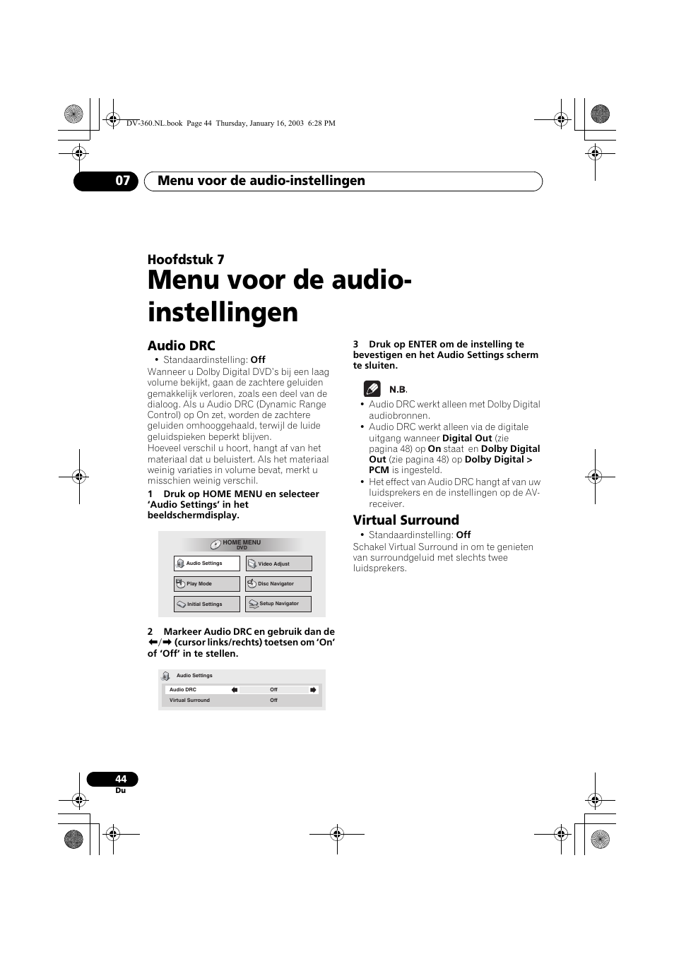 Audio drc, Virtual surround, Menu voor de audio- instellingen | Menu voor de audio-instellingen 07, Hoofdstuk 7 | Pioneer DV-360-S User Manual | Page 106 / 128
