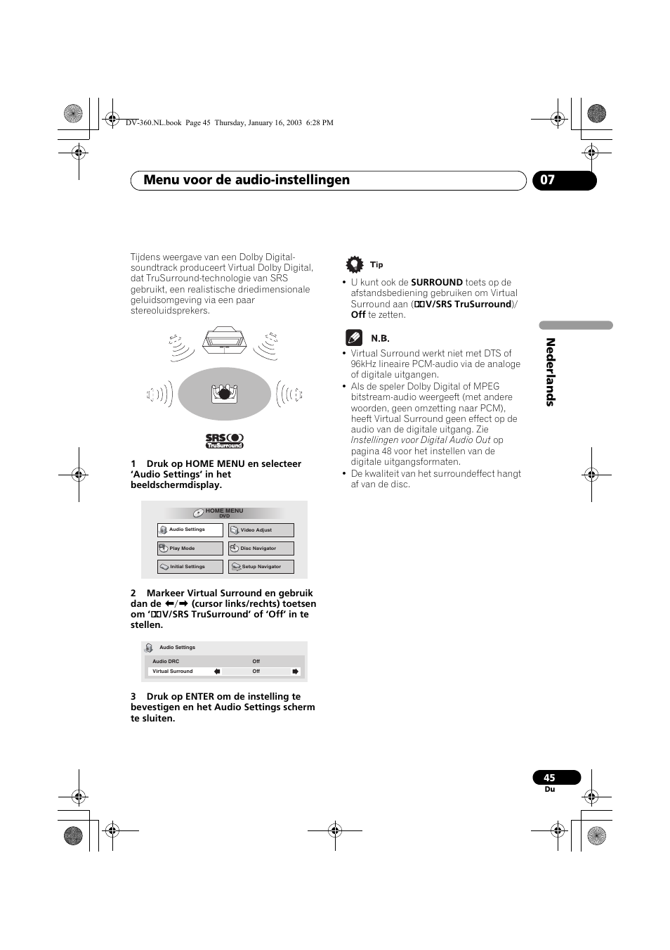 Menu voor de audio-instellingen 07, Nede rlands | Pioneer DV-360-S User Manual | Page 107 / 128