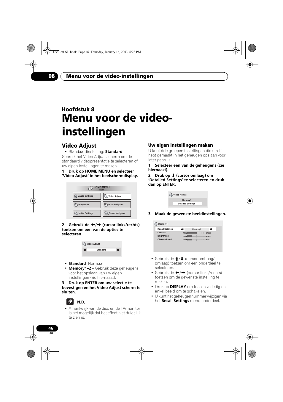 Video adjust, Uw eigen instellingen maken, Menu voor de video- instellingen | Menu voor de video-instellingen 08, Hoofdstuk 8 | Pioneer DV-360-S User Manual | Page 108 / 128