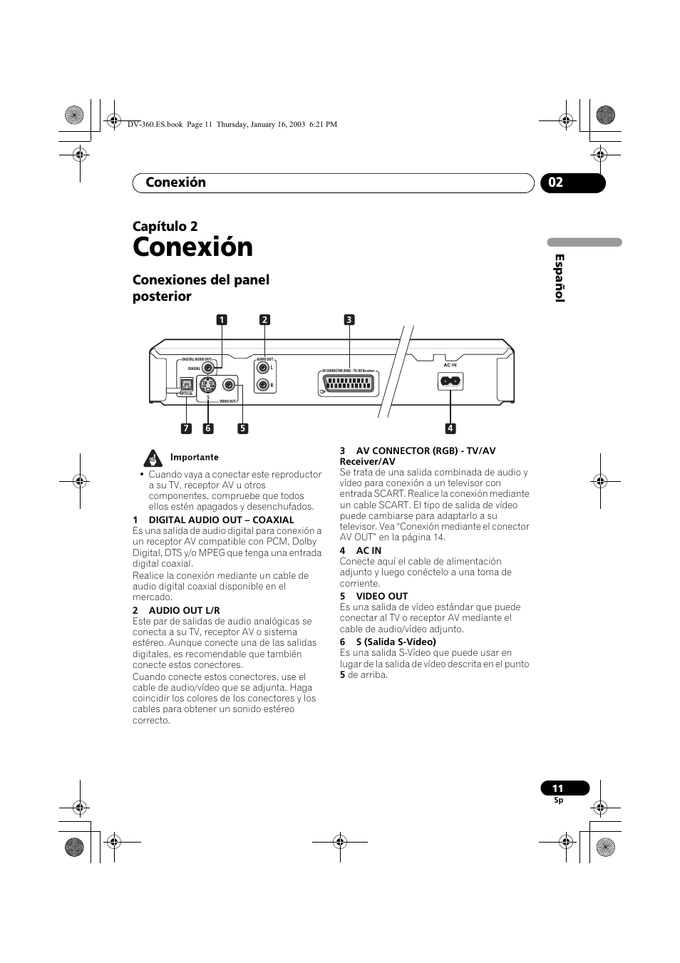 Conexiones del panel posterior, Conexión, Conexión 02 | Capítulo 2 | Pioneer DV-360-S User Manual | Page 11 / 128