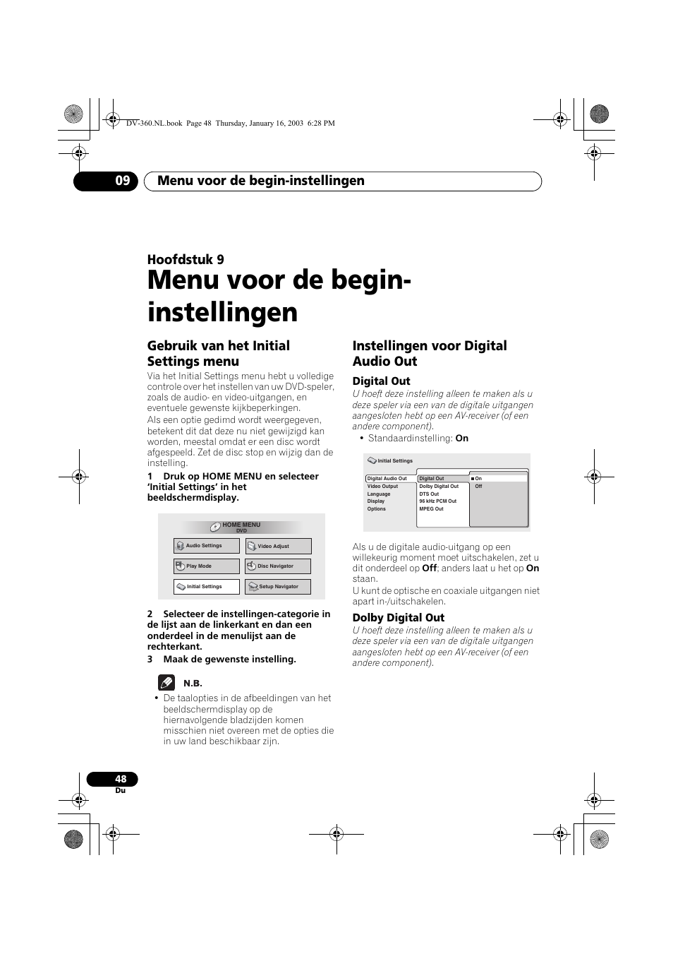 Gebruik van het initial settings menu, Instellingen voor digital audio out, Digital out | Dolby digital out, Menu voor de begin- instellingen, Menu voor de begin-instellingen 09, Hoofdstuk 9 | Pioneer DV-360-S User Manual | Page 110 / 128
