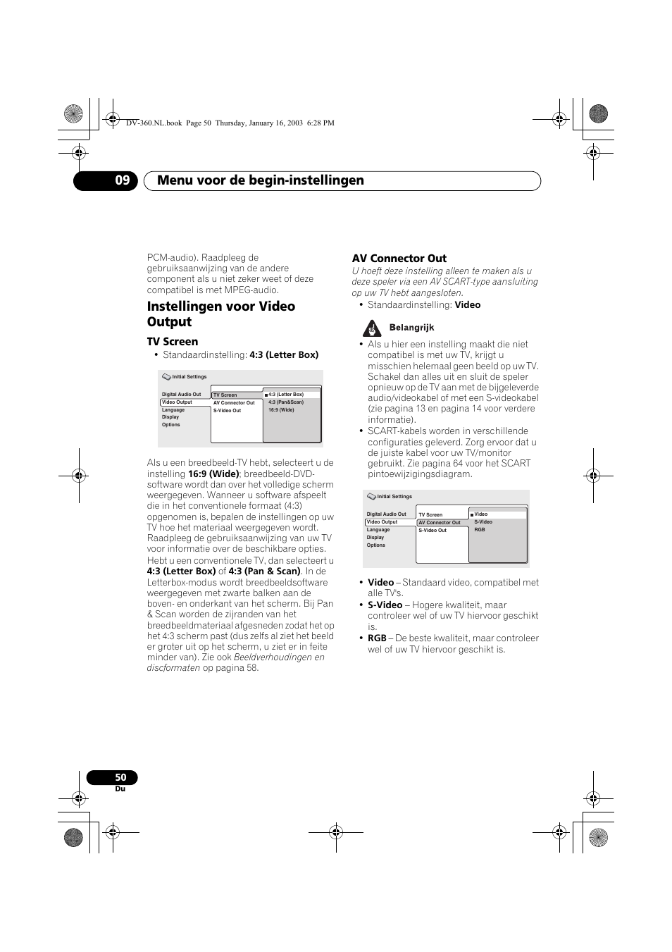 Instellingen voor video output, Tv screen, Av connector out | Menu voor de begin-instellingen 09 | Pioneer DV-360-S User Manual | Page 112 / 128