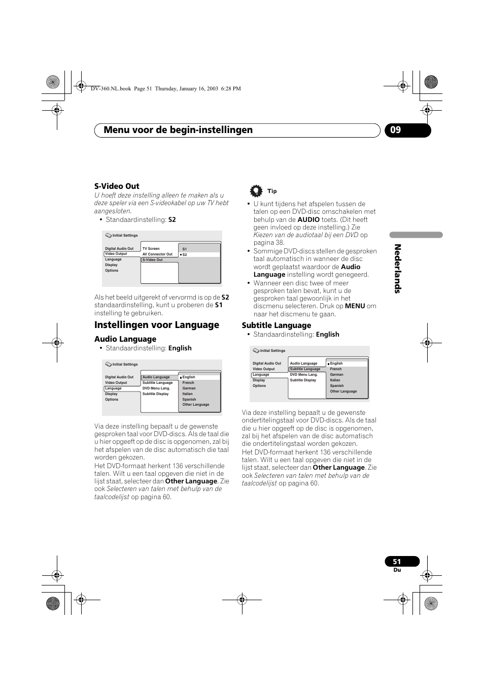 S-video out, Instellingen voor language, Audio language | Subtitle language, Menu voor de begin-instellingen 09, Nede rlands | Pioneer DV-360-S User Manual | Page 113 / 128