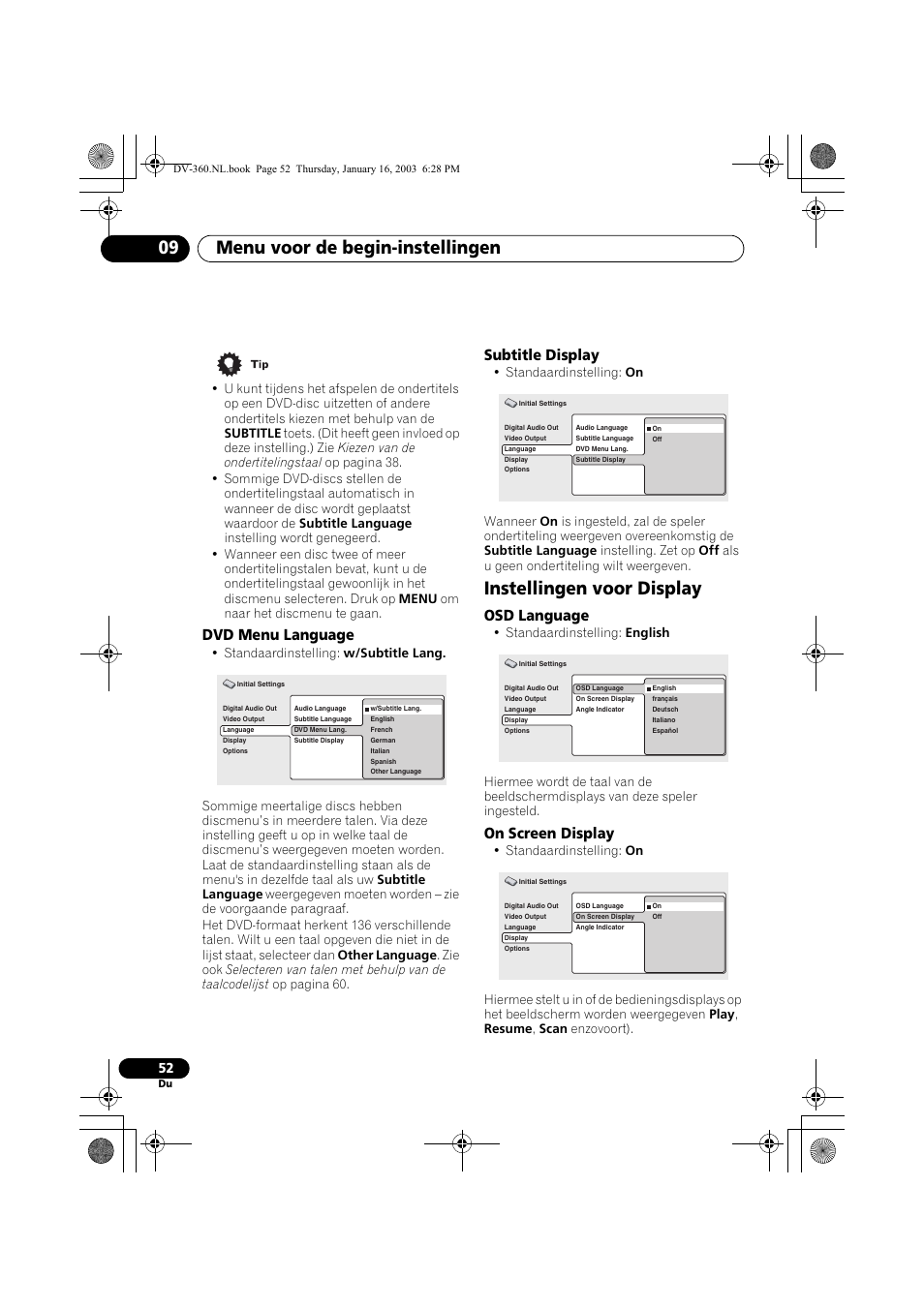 Dvd menu language, Subtitle display, Instellingen voor display | Osd language, On screen display, Menu voor de begin-instellingen 09 | Pioneer DV-360-S User Manual | Page 114 / 128