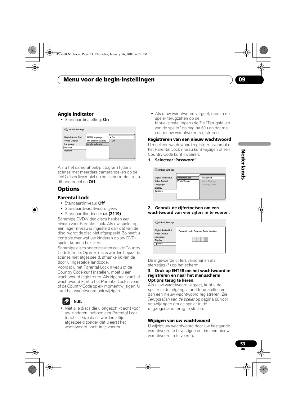 Angle indicator, Options, Parental lock | Menu voor de begin-instellingen 09, Nede rlands | Pioneer DV-360-S User Manual | Page 115 / 128