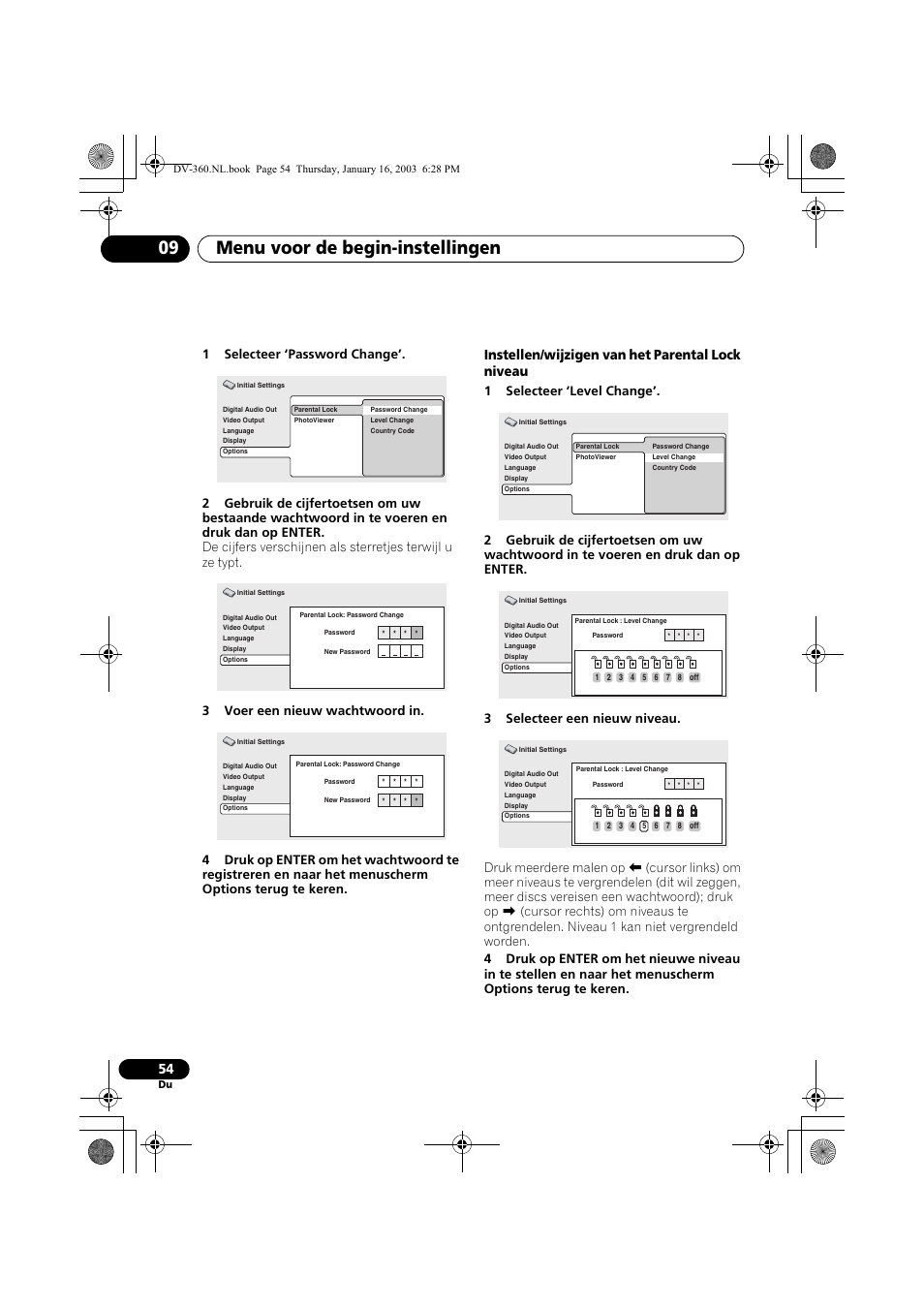 Menu voor de begin-instellingen 09, Instellen/wijzigen van het parental lock niveau | Pioneer DV-360-S User Manual | Page 116 / 128