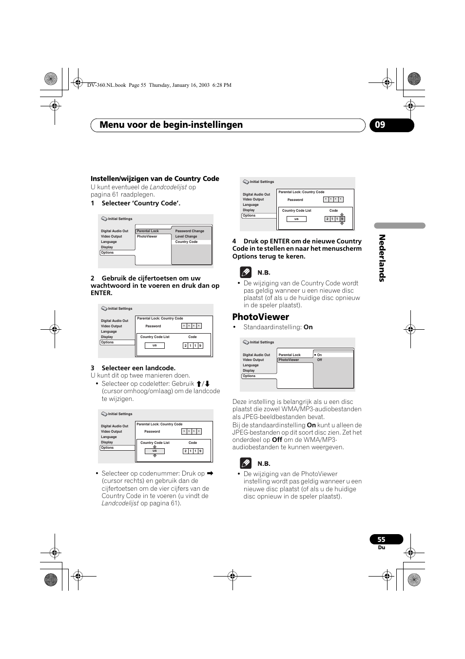 Photoviewer, Menu voor de begin-instellingen 09, Nede rlands | Instellen/wijzigen van de country code | Pioneer DV-360-S User Manual | Page 117 / 128