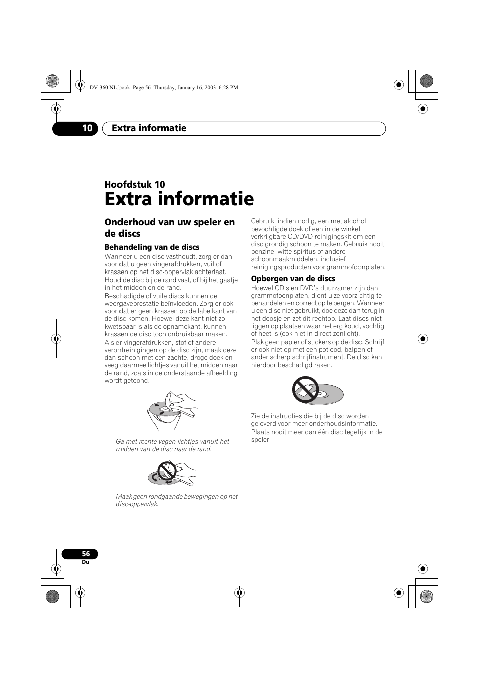 Onderhoud van uw speler en de discs, Behandeling van de discs, Opbergen van de discs | Extra informatie | Pioneer DV-360-S User Manual | Page 118 / 128