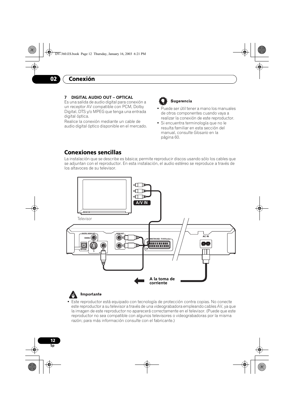 Conexiones sencillas, Conexión 02 | Pioneer DV-360-S User Manual | Page 12 / 128