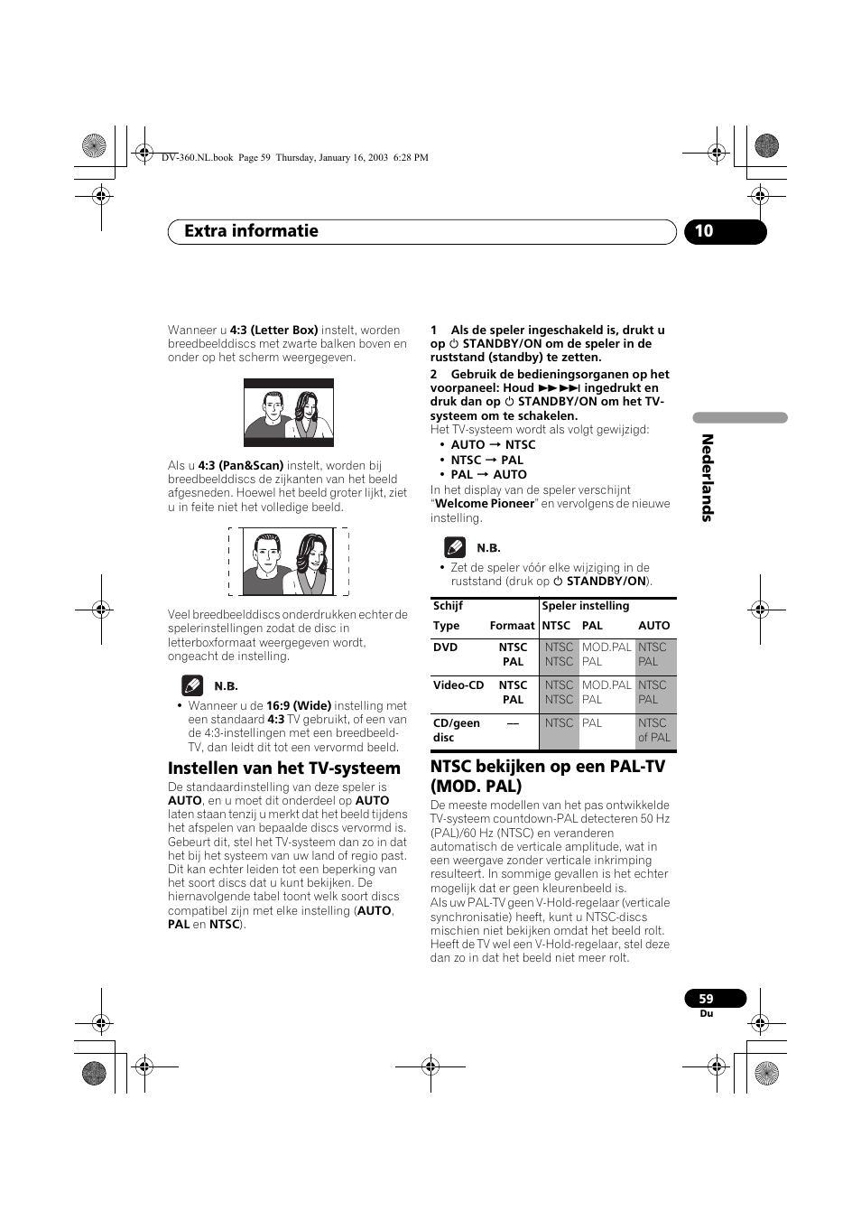 Instellen van het tv-systeem, Ntsc bekijken op een pal-tv (mod. pal), Extra informatie 10 | Pioneer DV-360-S User Manual | Page 121 / 128