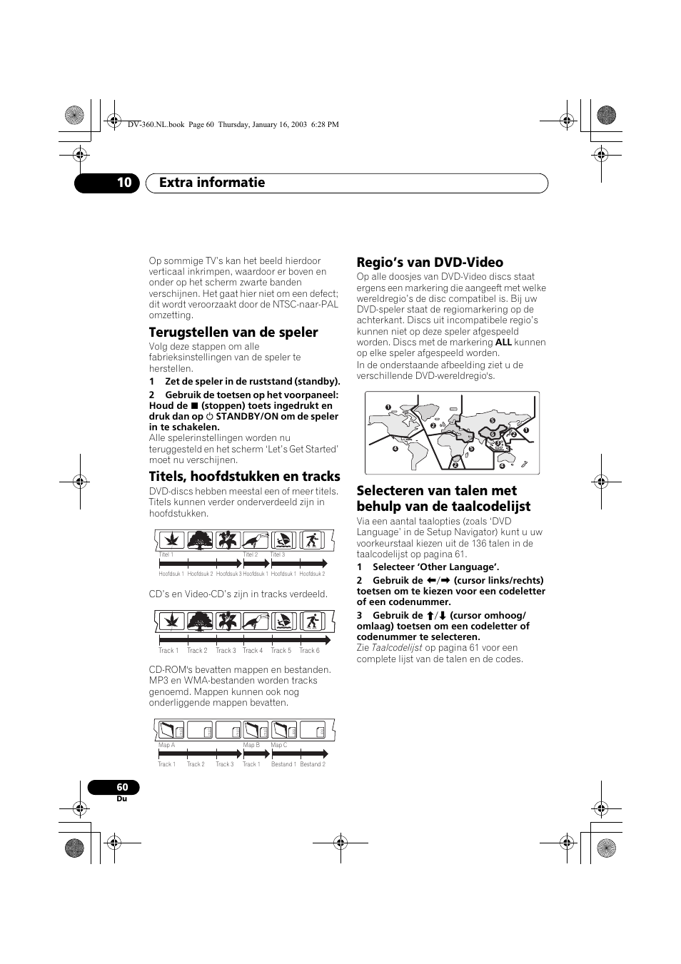 Terugstellen van de speler, Titels, hoofdstukken en tracks, Regio’s van dvd-video | Extra informatie 10 | Pioneer DV-360-S User Manual | Page 122 / 128
