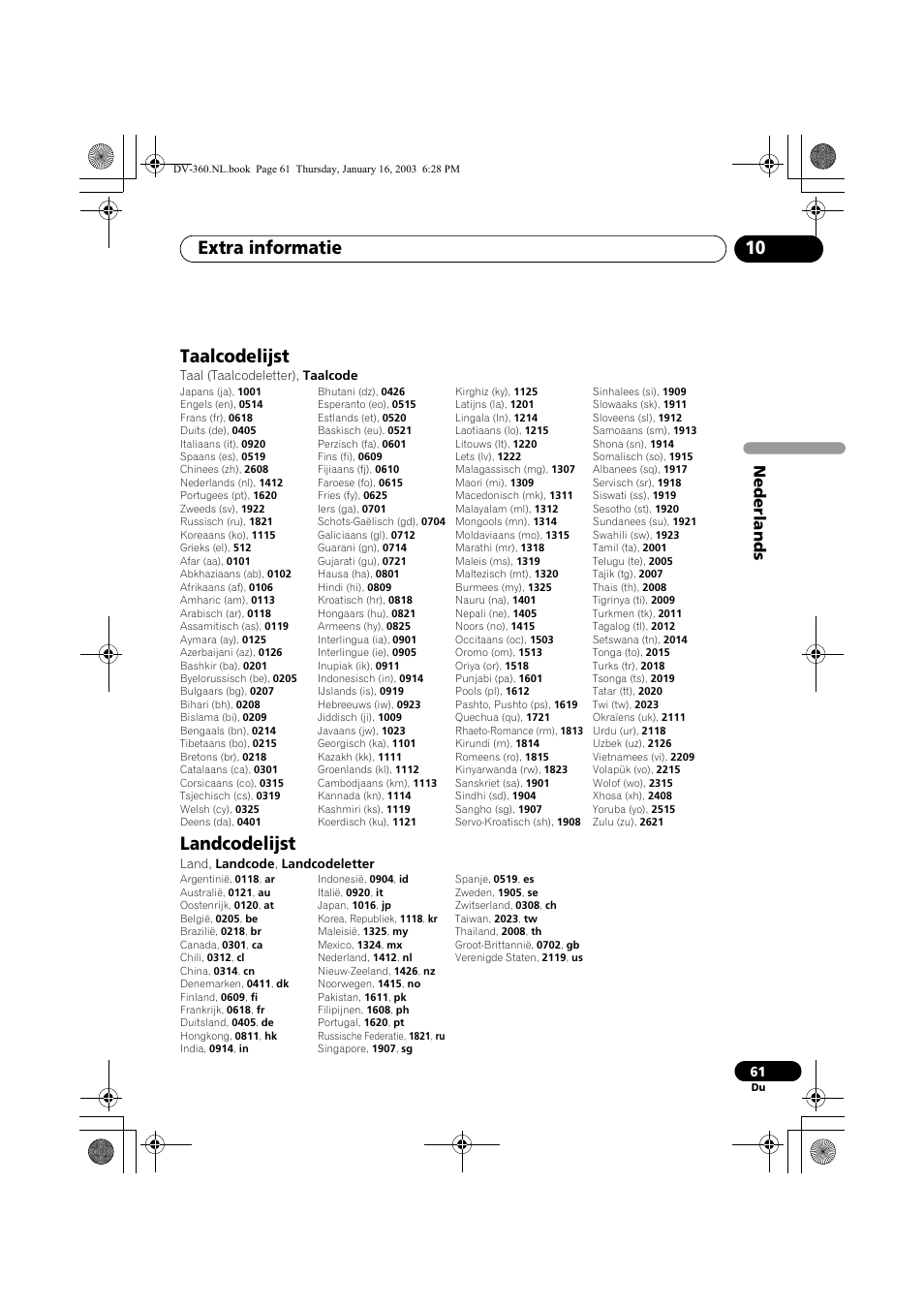 Taalcodelijst, Landcodelijst, Extra informatie 10 | Nede rlands | Pioneer DV-360-S User Manual | Page 123 / 128