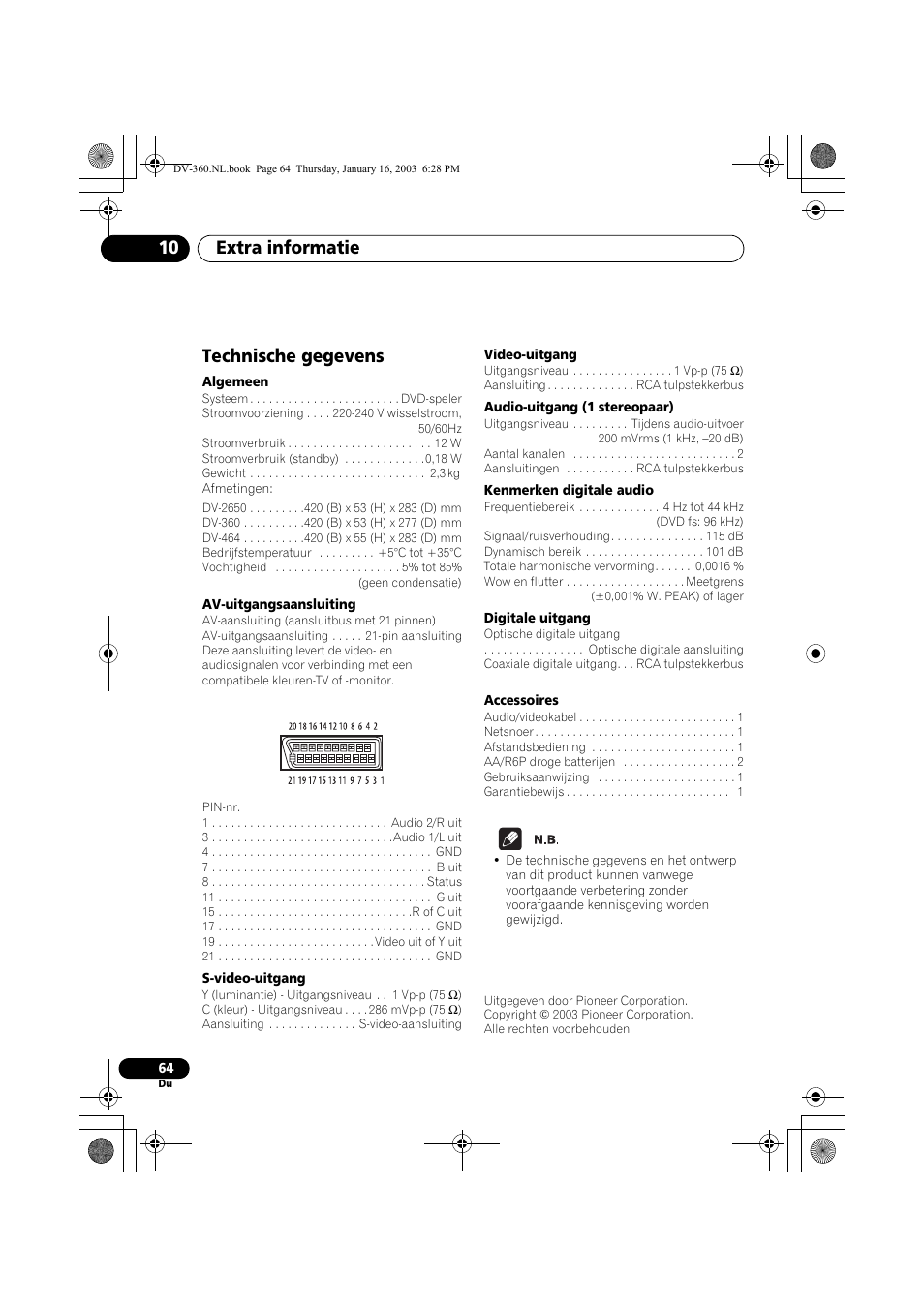 Technische gegevens, Extra informatie 10 | Pioneer DV-360-S User Manual | Page 126 / 128