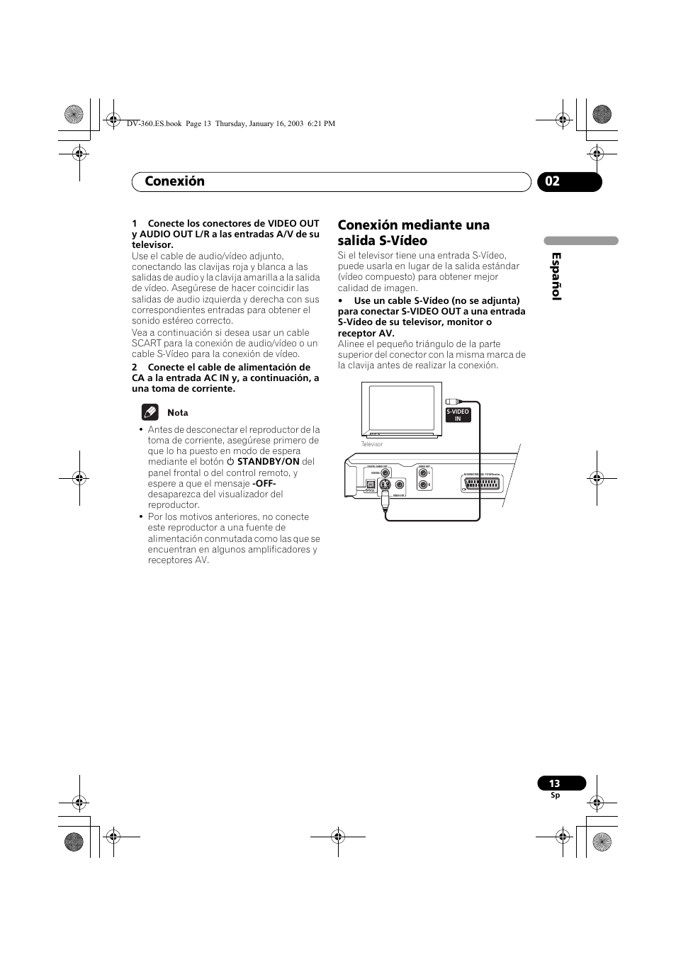 Conexión mediante una salida s-vídeo, Conexión 02, Espa ñol | Pioneer DV-360-S User Manual | Page 13 / 128