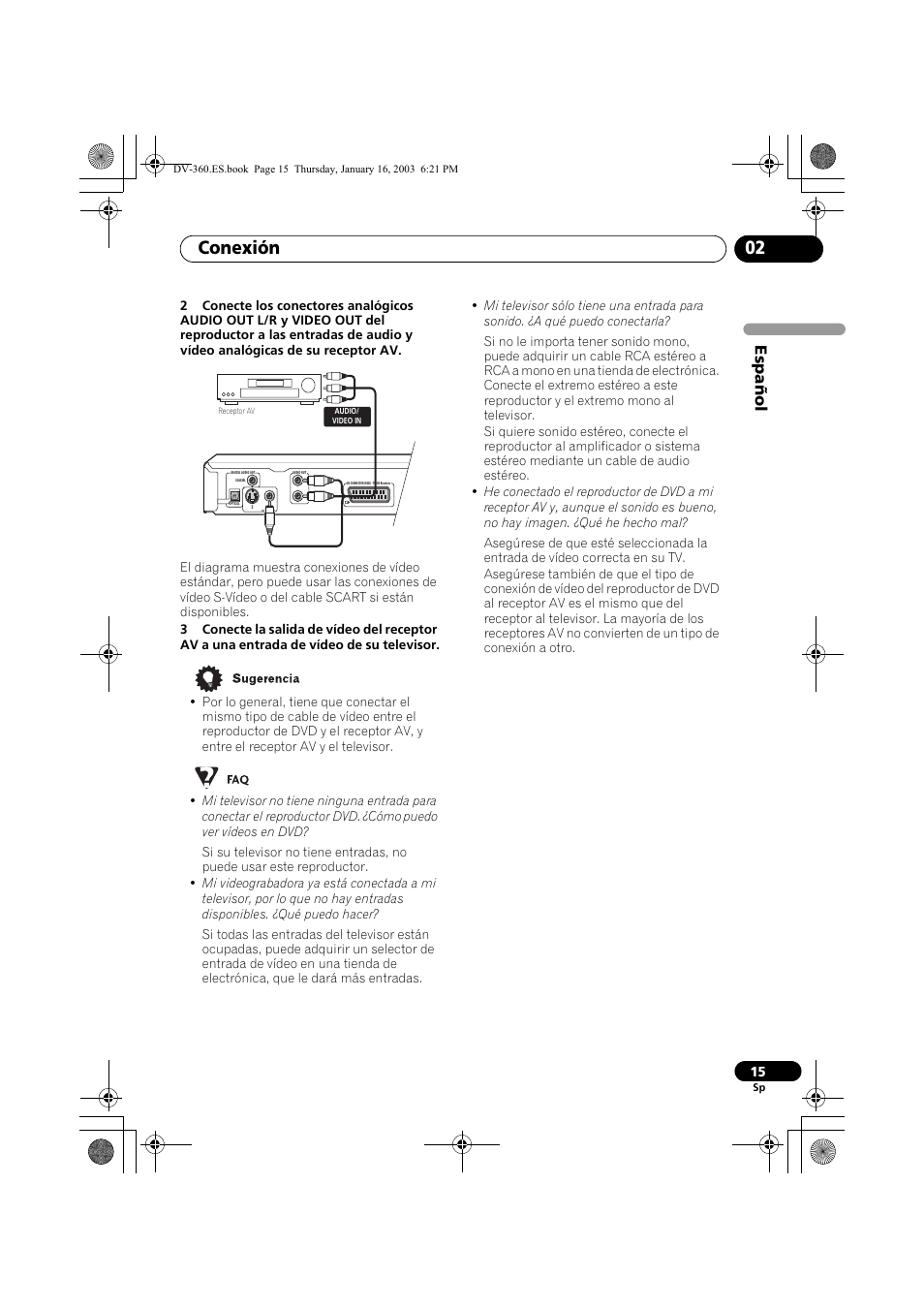 Conexión 02, Espa ñol | Pioneer DV-360-S User Manual | Page 15 / 128