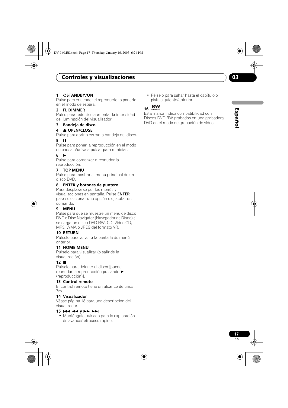 Controles y visualizaciones 03 | Pioneer DV-360-S User Manual | Page 17 / 128