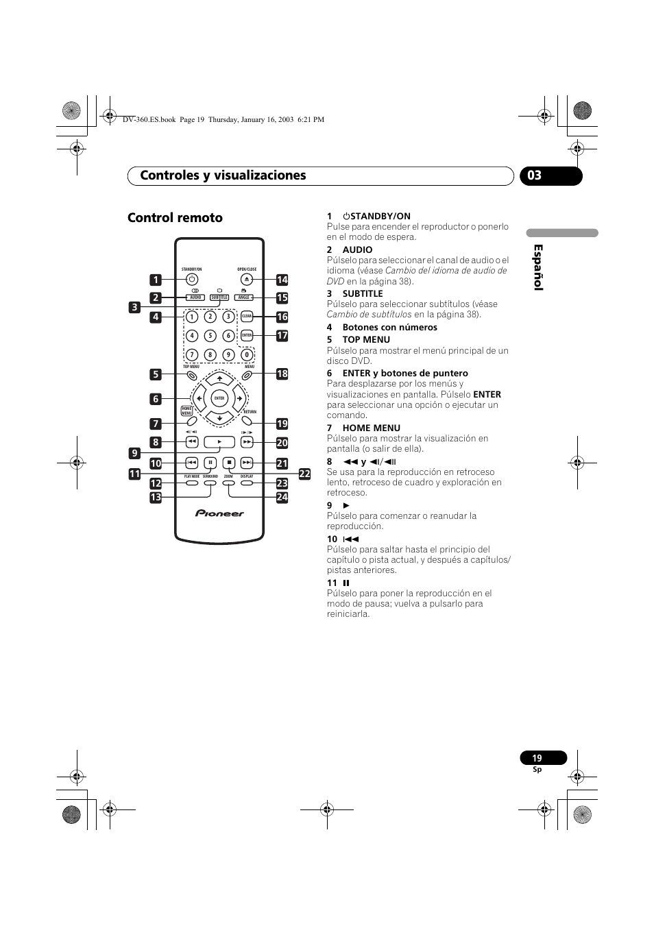 Control remoto, Controles y visualizaciones 03, Espa ñol | Pioneer DV-360-S User Manual | Page 19 / 128