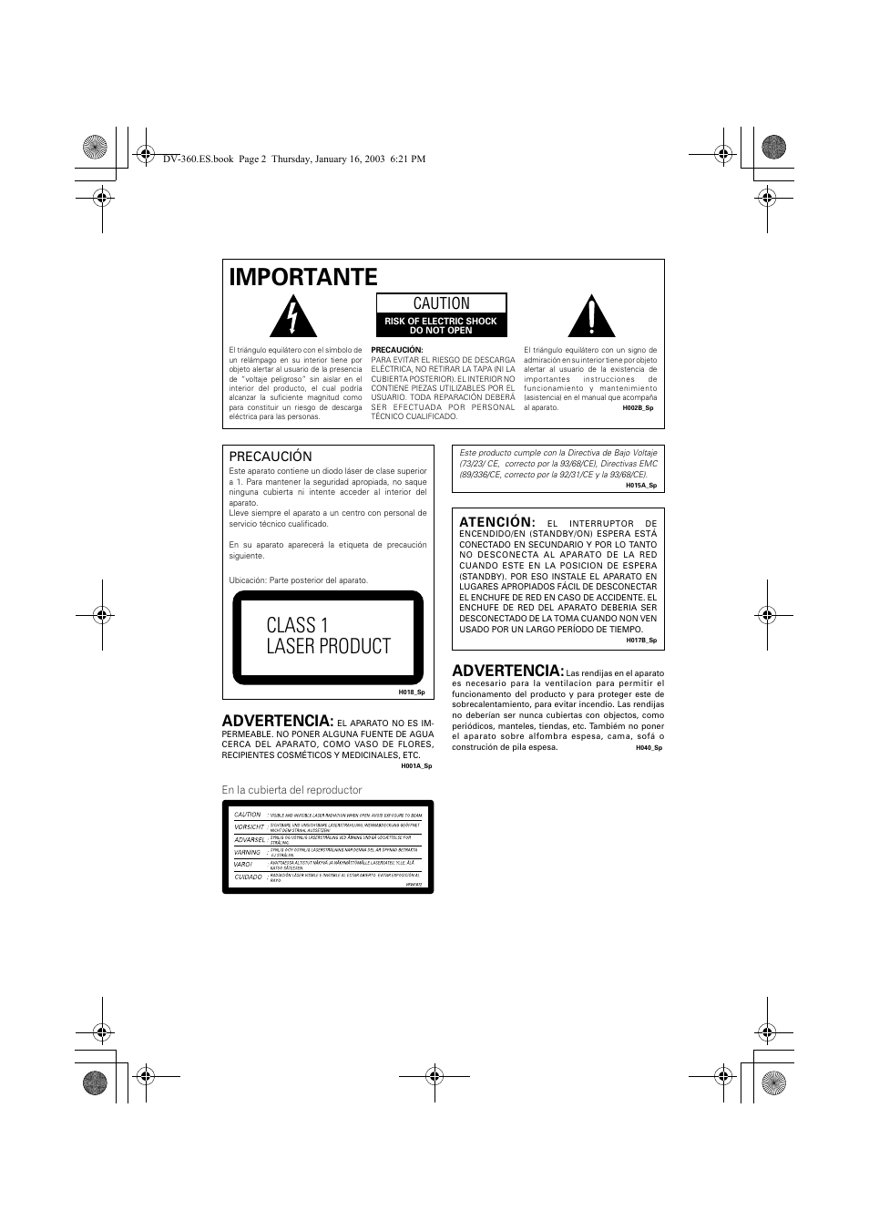 Importante, Class 1 laser product, Caution | Advertencia | Pioneer DV-360-S User Manual | Page 2 / 128