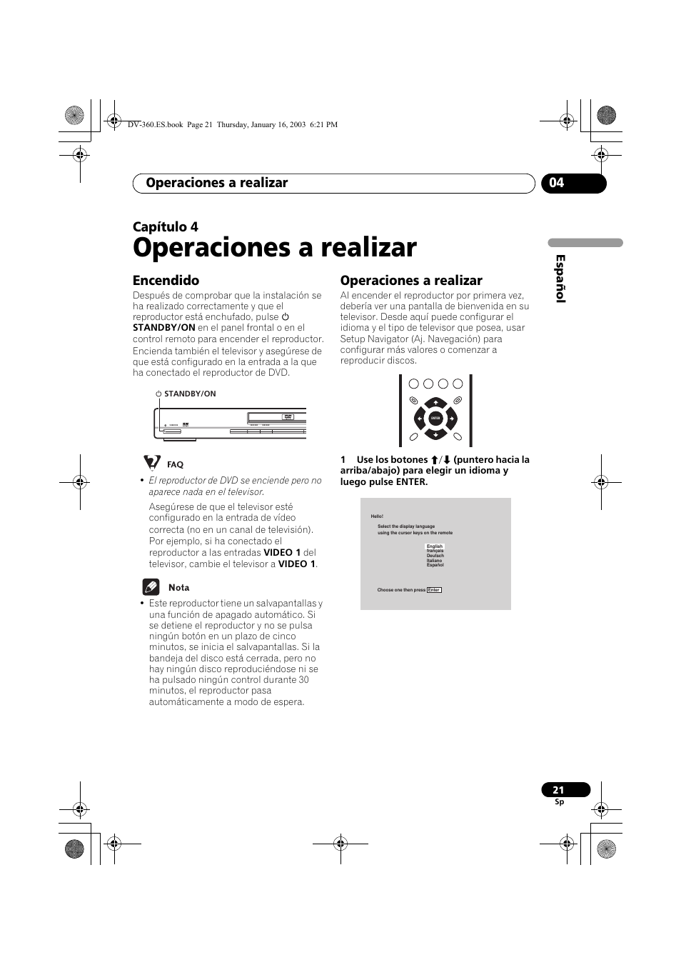 Encendido, Operaciones a realizar, Operaciones a realizar 04 | Capítulo 4 | Pioneer DV-360-S User Manual | Page 21 / 128