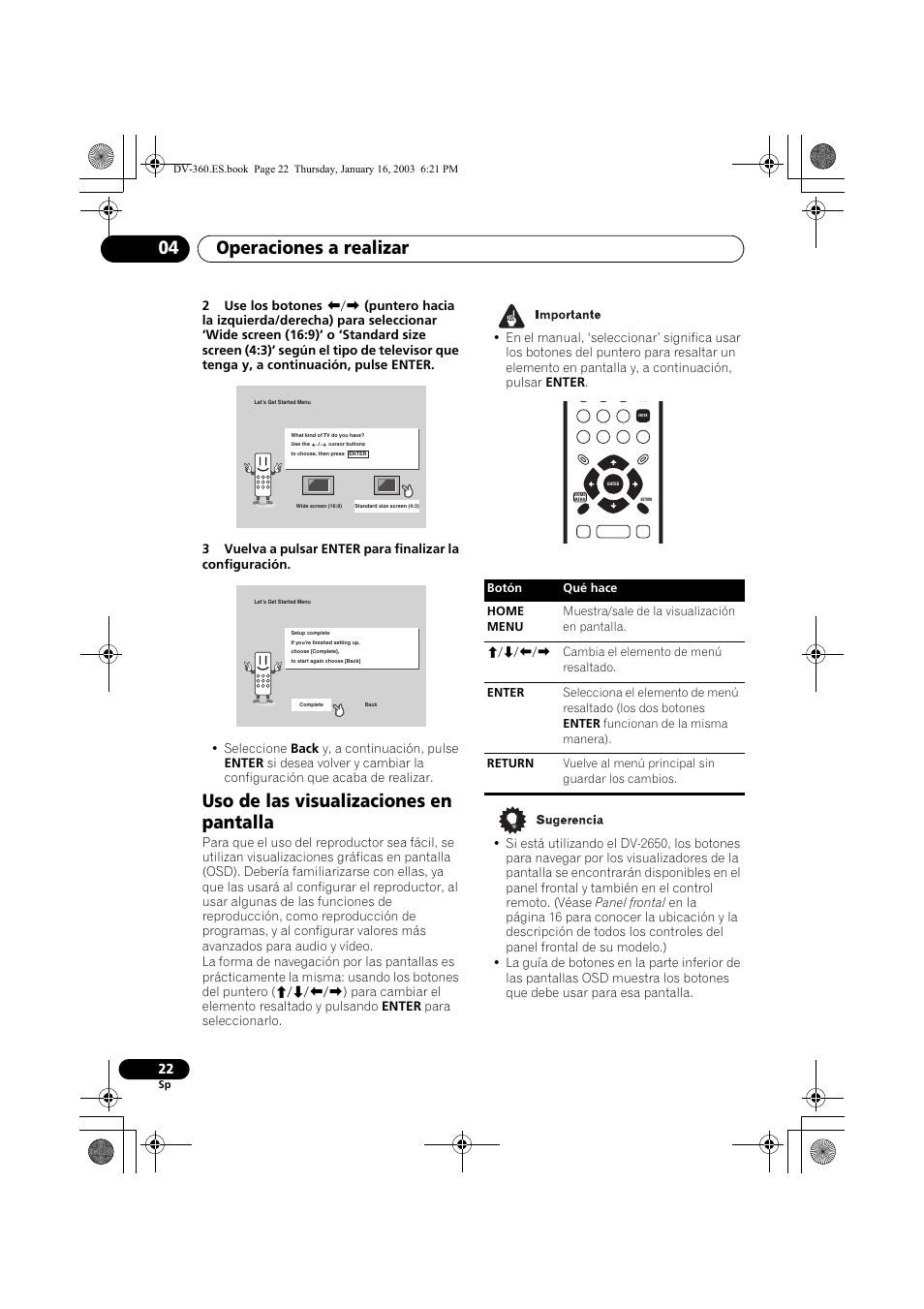 Uso de las visualizaciones en pantalla, Operaciones a realizar 04 | Pioneer DV-360-S User Manual | Page 22 / 128