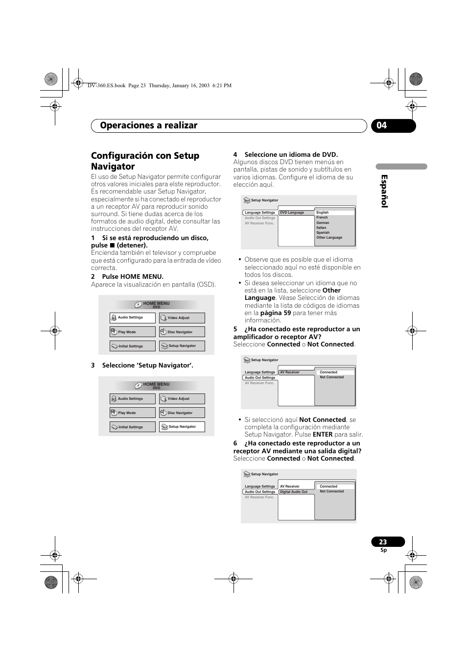 Configuración con setup navigator, Operaciones a realizar 04, Espa ñol | Pioneer DV-360-S User Manual | Page 23 / 128