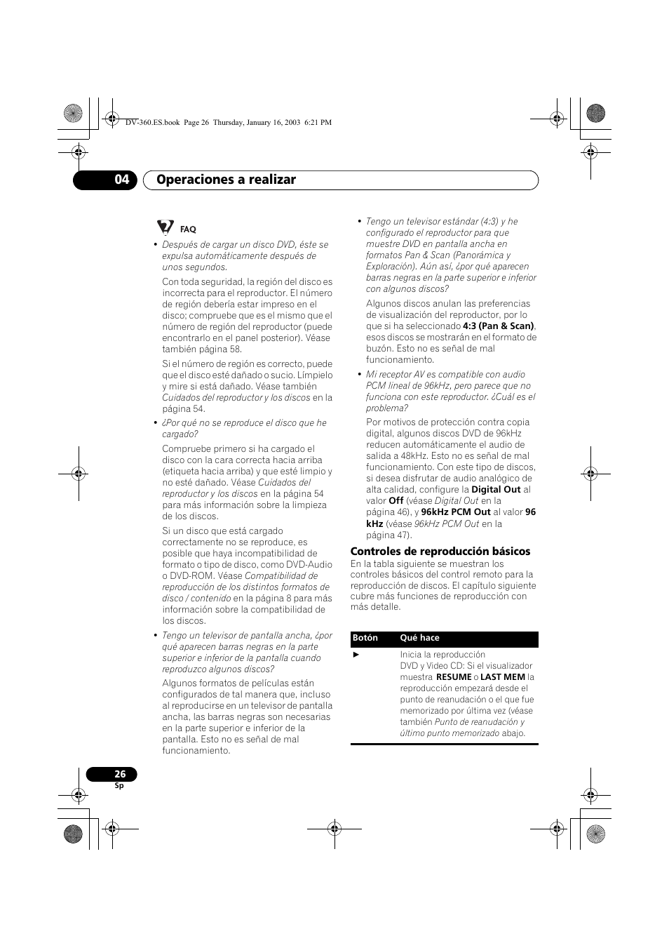 Controles de reproducción básicos, Operaciones a realizar 04 | Pioneer DV-360-S User Manual | Page 26 / 128