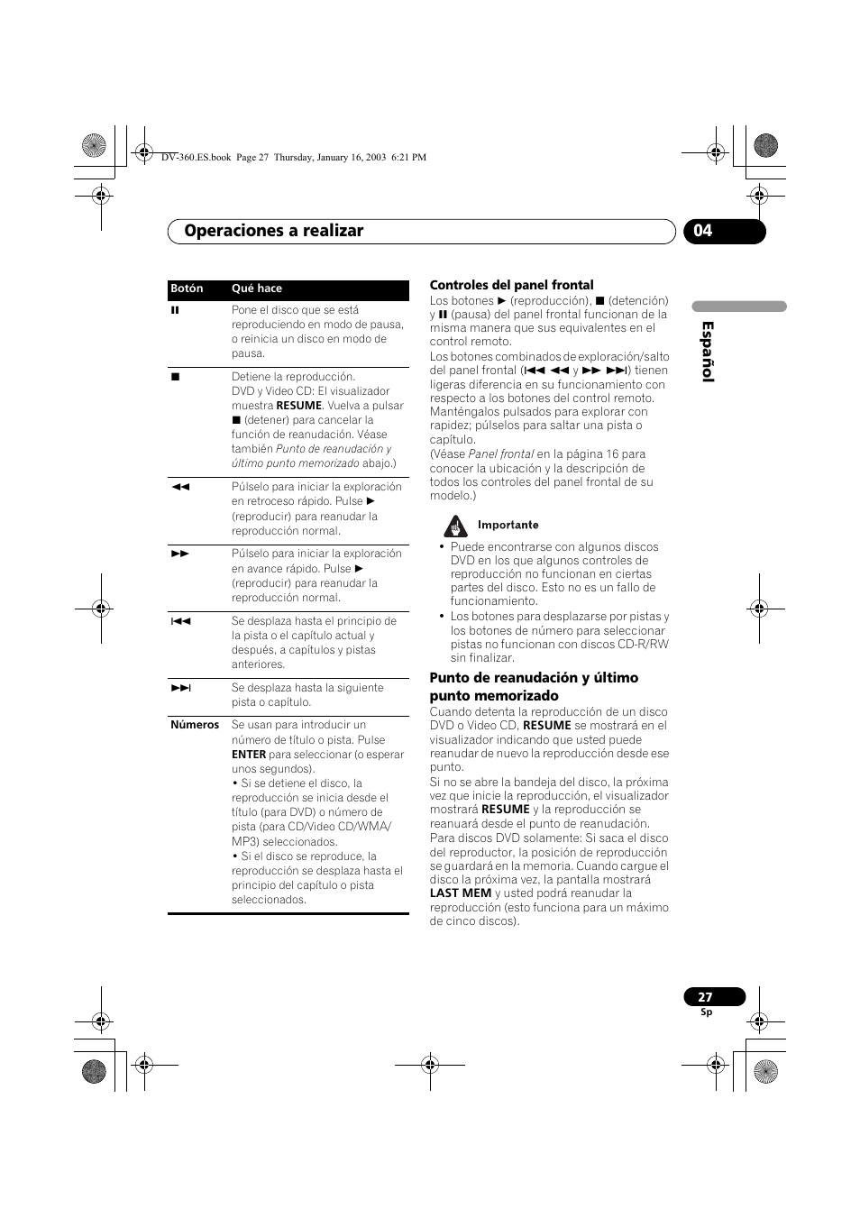 Punto de reanudación y último punto memorizado, Operaciones a realizar 04 | Pioneer DV-360-S User Manual | Page 27 / 128