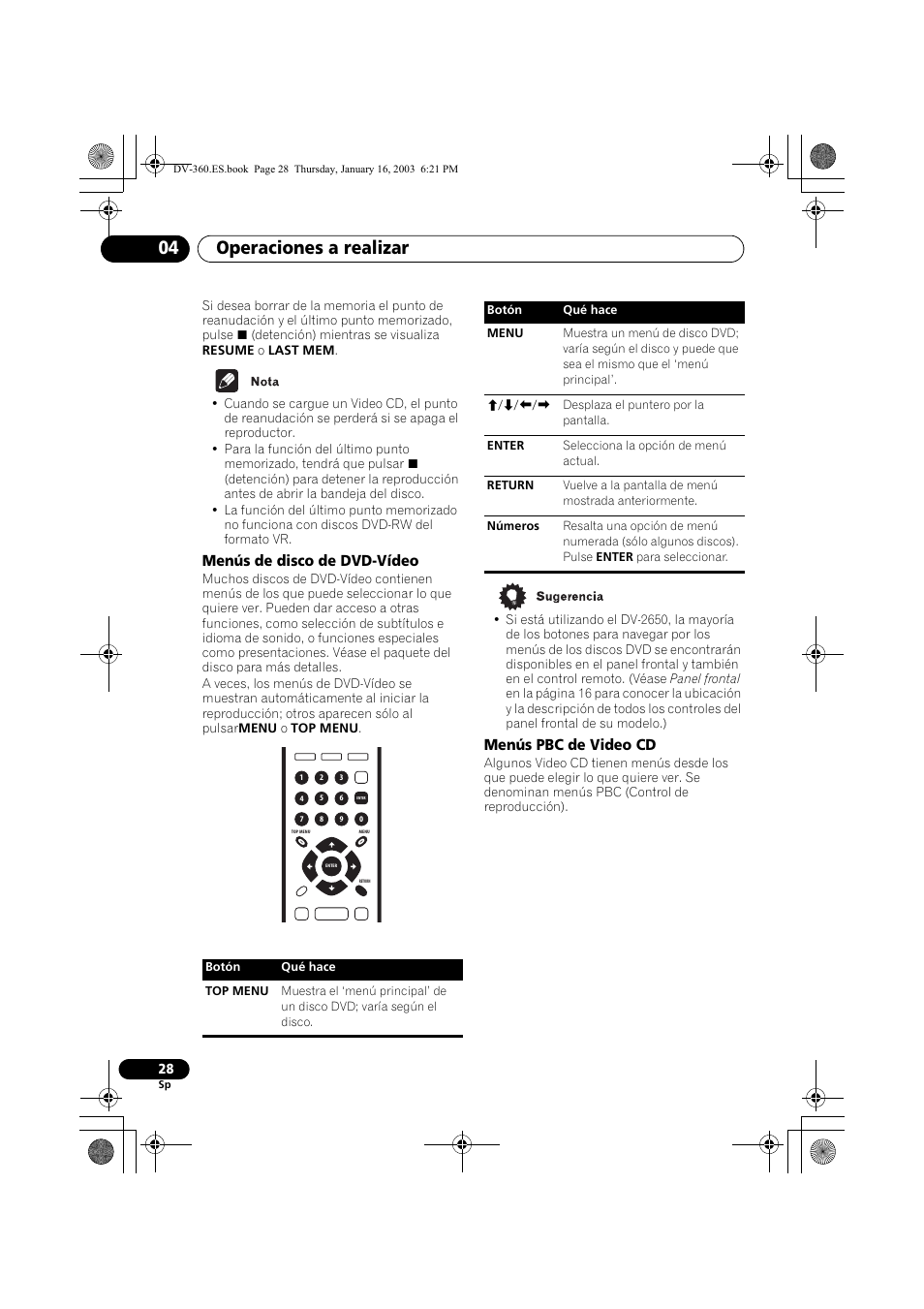 Menús de disco de dvd-vídeo, Menús pbc de video cd, Operaciones a realizar 04 | Pioneer DV-360-S User Manual | Page 28 / 128